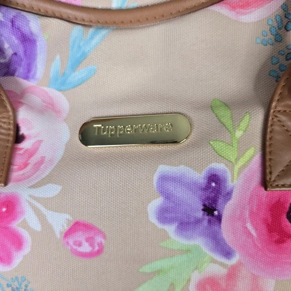 Tupperware Tote Bag Womens Large Tan Pink Floral Flower Print Shoulder Handbag - Picture 3 of 7
